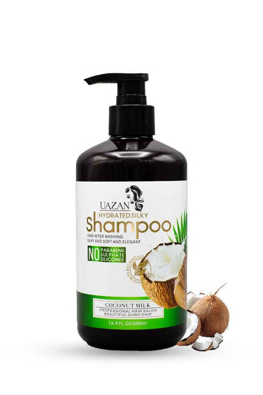 UAZAN Hydrated Silky Shampoo – Coconut Milk Formula for Deep Hydration & Shine. Uazan Shampoo bottle with coconut illustration on a white background
