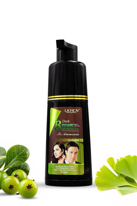 Lichen Professional Dark Brown Hair Color Shampoo 200ml for men and women, Shampoo bottle with green leaves and fruits on a white background