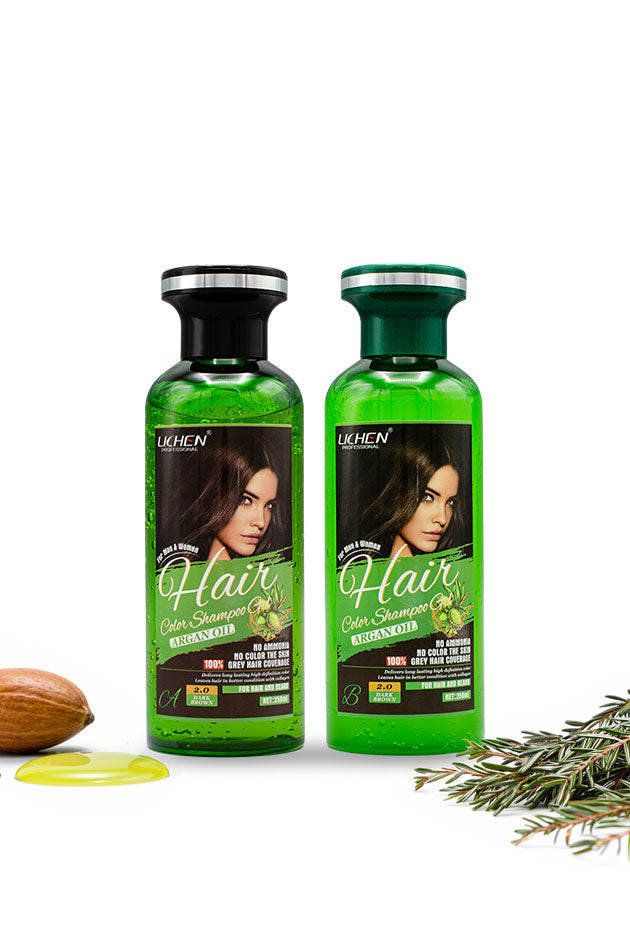 Lichen Argan Oil Dark Brown 2.0 Hair Color Shampoo Gel 250ml twin pack ammonia free hair dye Pakistan, Two green bottles of Uden hair care products with a white background
