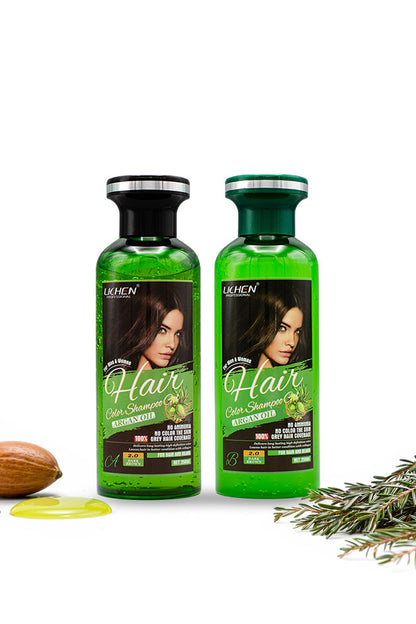 Lichen Argan Oil Dark Brown 2.0 Hair Color Shampoo Gel 250ml twin pack ammonia free hair dye Pakistan, Two green bottles of Uden hair care products with a white background