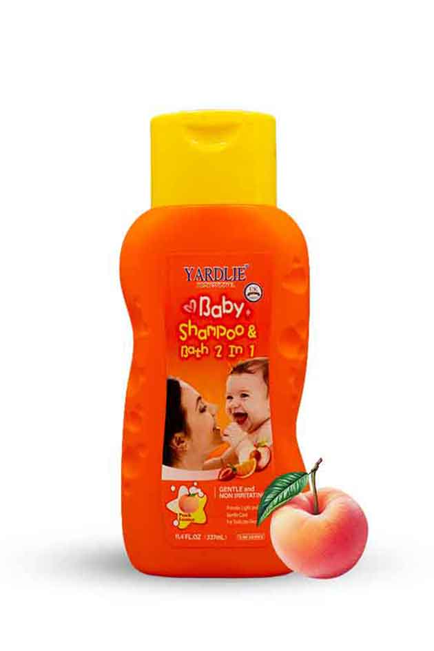 Yardlie Baby Shampoo and Bath 2 in 1 Peach Essence 337ml bottle, Orange bottle of Yardley Baby Shampoo & Bath 7 in 1 with a yellow cap on a white background., Yardlie Baby shampoo and bath 2 in 1 bottle with peach flavor on a white background