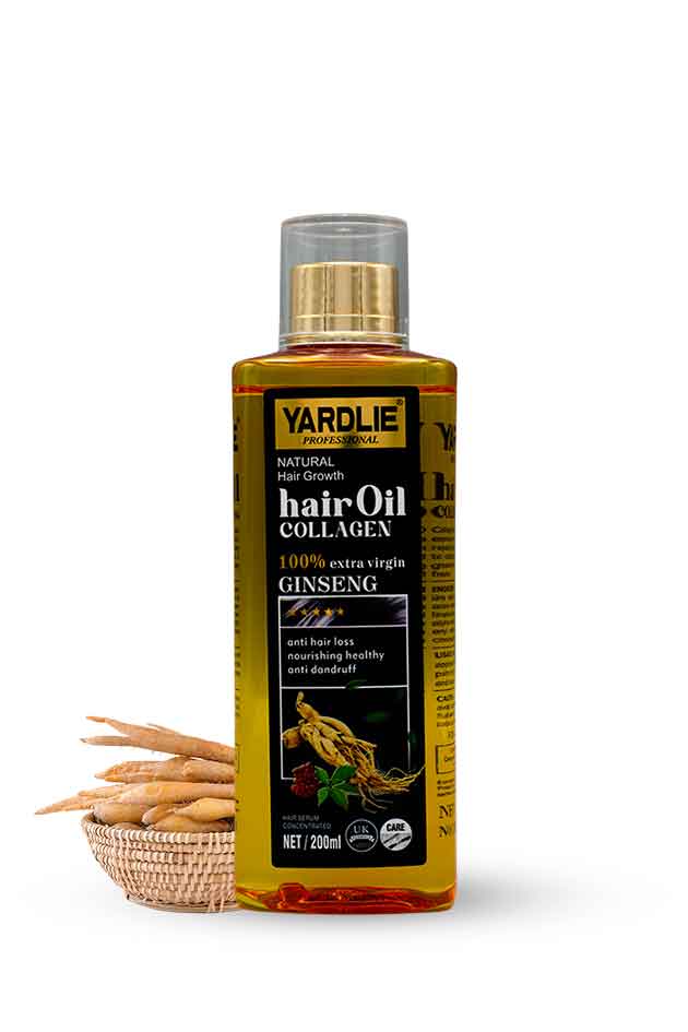Yardlie Collagen and Ginseng Hair Growth Oil 200ml nourishing hair treatment, Yardlie hair oil bottle with ginseng roots on a white background