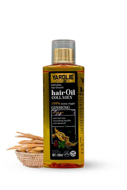 Yardlie Collagen and Ginseng Hair Growth Oil 200ml nourishing hair treatment, Yardlie hair oil bottle with ginseng roots on a white background