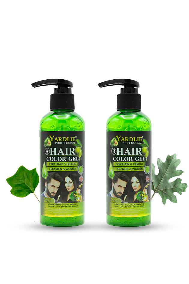 Two bottles of Yardley Professional Hair Color Gel with green gel and black pump on a white background.