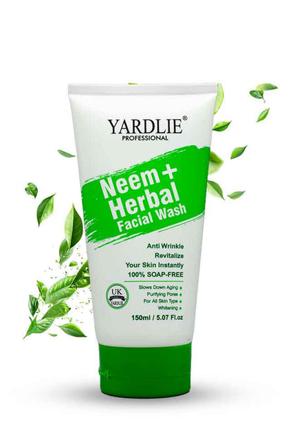 Yardlie Neem + Herbal Facial Wash tube with green leaves on a white background