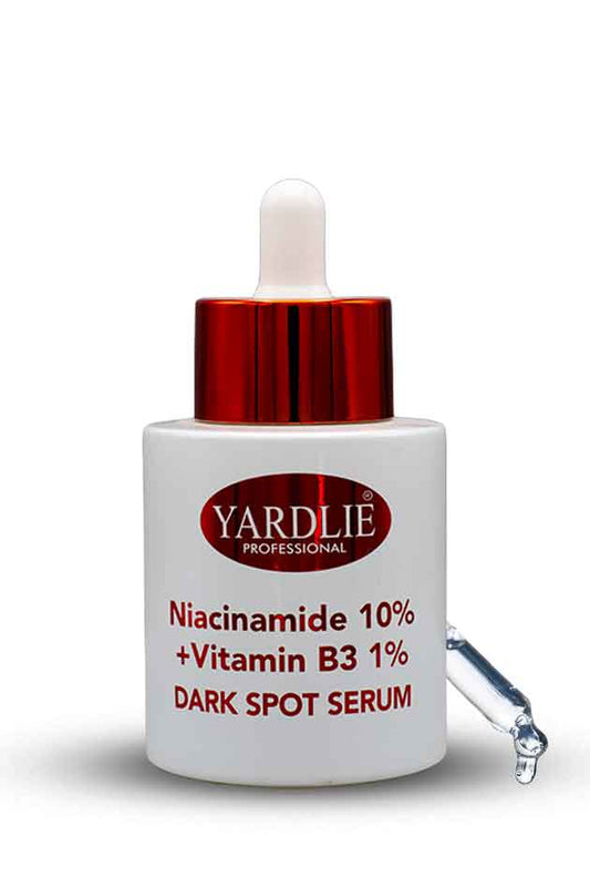 Yardlie Dark Spot Serum Niacinamide 10% 50ml, Yardlie dark spot serum bottle with red cap on a white background