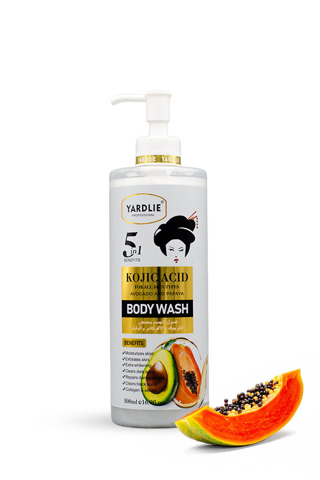 Yardlie Kojic Acid Avocado and Papaya Body Wash 500ml pack front,
A bottle of Yardlie Kojic Acid Body Wash with a white pump dispenser, shown on a white background next to a sliced papaya prop.