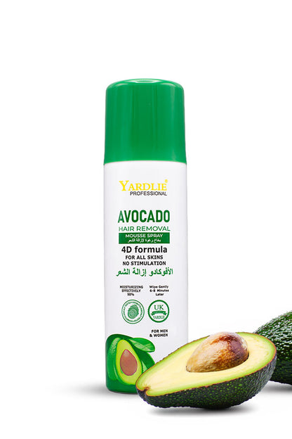 Yardlie Avocado Hair Removal Mousse Spray 200ml for men and women all skin types,
Yardley London avocado hair removal mousse spray with an avocado half and whole on a white background