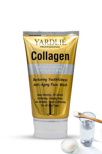 Yardlie Bright Beauty Face Wash with Niacinamide and Pearl Serum for glowing skin, Tube of Yardlie Collagen Face Wash with a spoon and glass on a white background