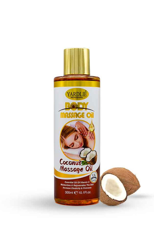 Yardlie Coconut Body Massage Oil 300ml moisturizing relaxing body oil, Bottle of Yardley Coconut Massage Oil with a gold cap on a white background