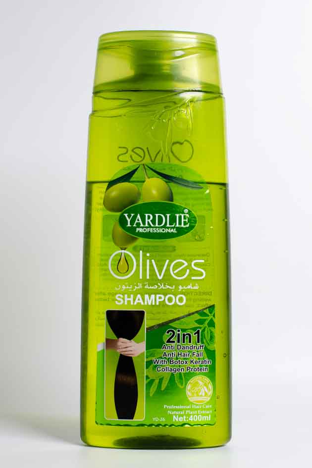 Yardlie Professional Olives 2-in-1 Shampoo – Anti-Dandruff & Hair Fall Control (10% Leaked). Green shampoo bottle labeled 'Yardley Olives' on a white background