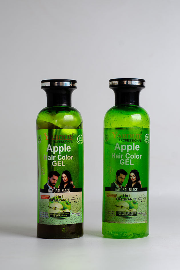 Yardlie Professional Apple Hair Color Gel Natural Black 250ml lead free hair dye clearance Pakistan,
Two bottles of Apple Hair Color Gel on a gray background