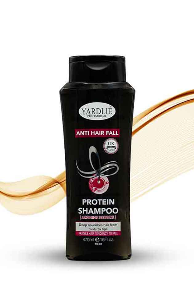 Yardlie Protein Anti Hair Fall Shampoo Arginine Essence 470ml, Yardlie protein shampoo bottle with hair strands on a white background