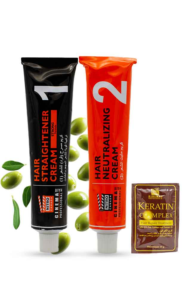 Two hair care products with green leaves on a white background.
Yardlie Professional Hair Straightener Cream Kit with Keratin and Olive Oil – includes straightening cream, neutralizing cream, and keratin treatment sachet