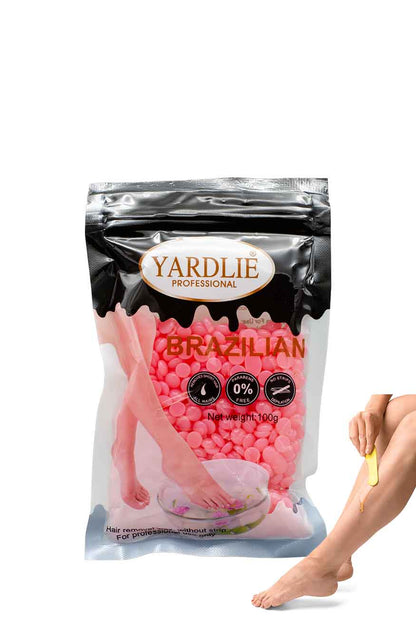 Yardlie Professional Brazilian hair removal wax without strip pack, Yardlie Brazilian hair removal product packaging with a person using it.