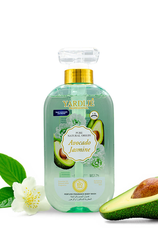Yardlie Avocado Jasmine Perfume Fragrance Body Wash 500ml bottle for soft, nourished skin.
A bottle of YardLife Avocado Jasmine perfume body wash, featuring a light green translucent liquid, a gold pump, and illustrations of avocados and a white jasmine flower. Styled with a fresh avocado half and a white flower on a white background.