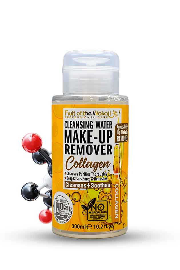 Fruit of the Wokali Collagen Cleansing Water Make-Up Remover bottle – deep pore cleansing and hydrating skincare product. Make-up remover bottle with yellow label on a white background