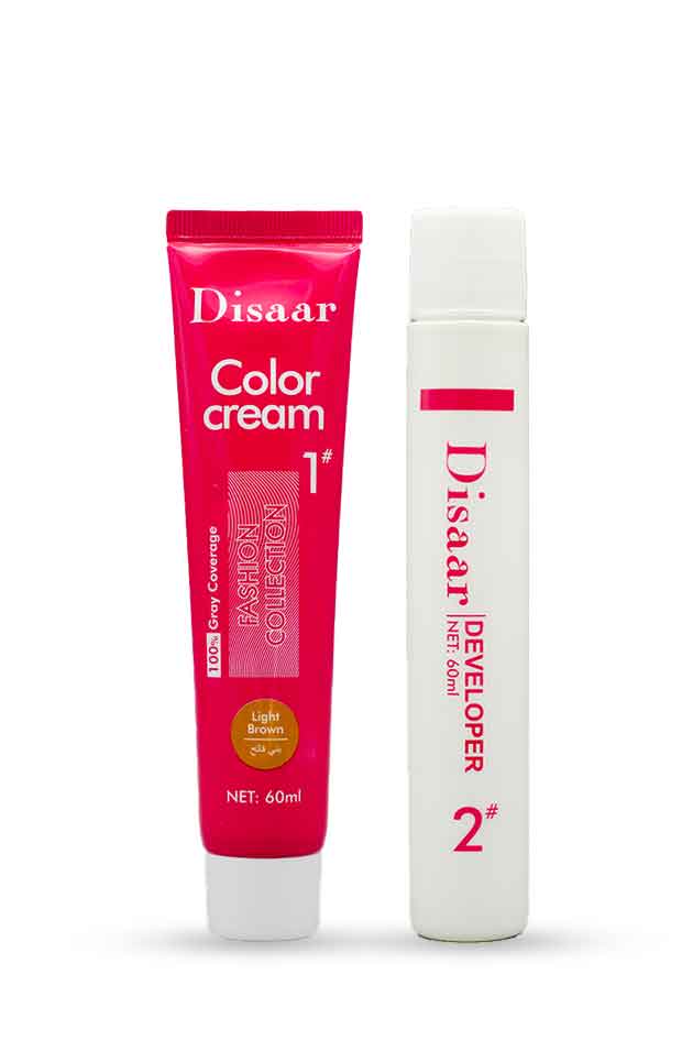 Disaar Light Brown Hair Color Cream – natural look, 100% gray coverage hair dye. Two hair color products from Disaar on a white background