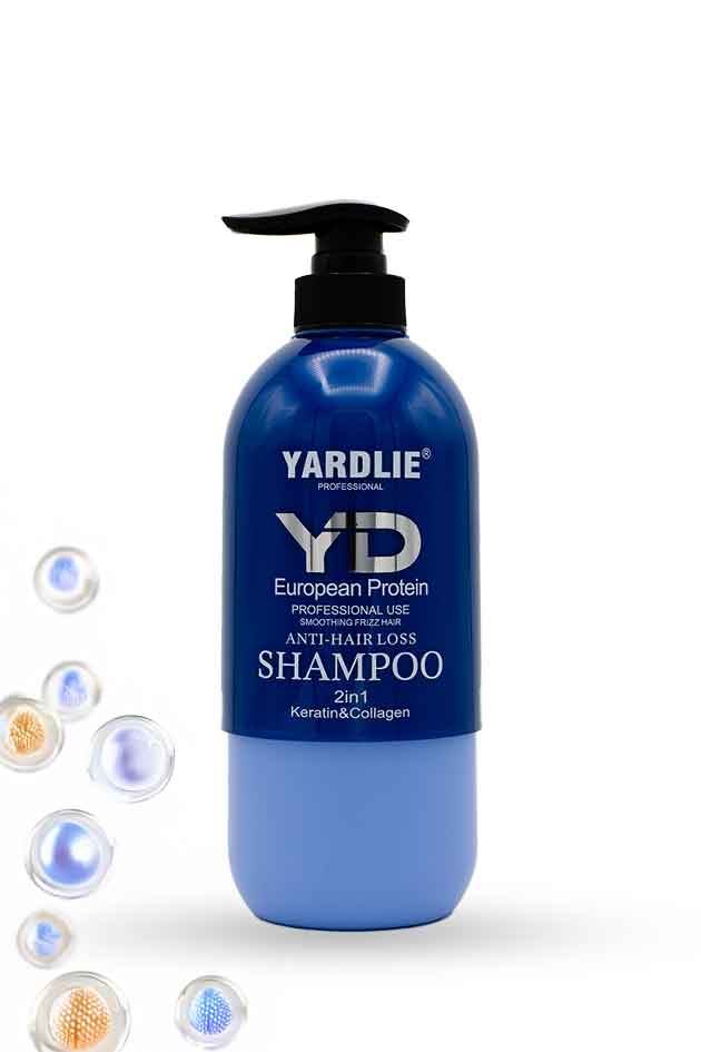 Yardlie European Protein Capsule Anti-Hair Loss Shampoo with keratin and collagen ingredients shown beside the bottle on a clean lab background. Yardlie shampoo bottle with pump on a white background