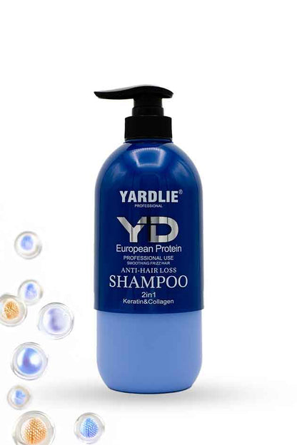 Yardlie European Protein Capsule Anti-Hair Loss Shampoo with keratin and collagen ingredients shown beside the bottle on a clean lab background. Yardlie shampoo bottle with pump on a white background