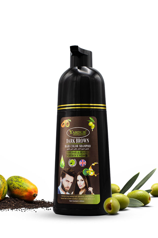Yardlie Dark Brown Hair Color Shampoo 400ml for hair and beard men and women,
Black hair color shampoo bottle with label on a white background