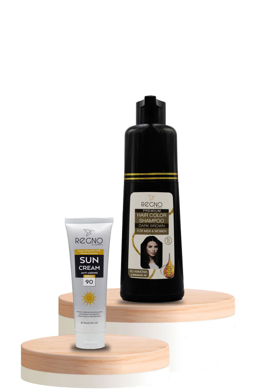 Regno Premium Dark Brown Hair Color Shampoo with Regno Sunblock.