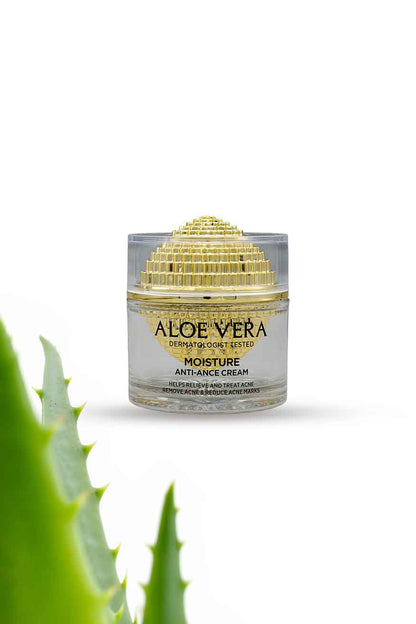 Aloe Vera Acne Control Moisture Anti Acne Cream 60g with Golden Snail and Hyaluronic, Aloe vera moisture anti-aging cream jar with aloe leaves on a white background