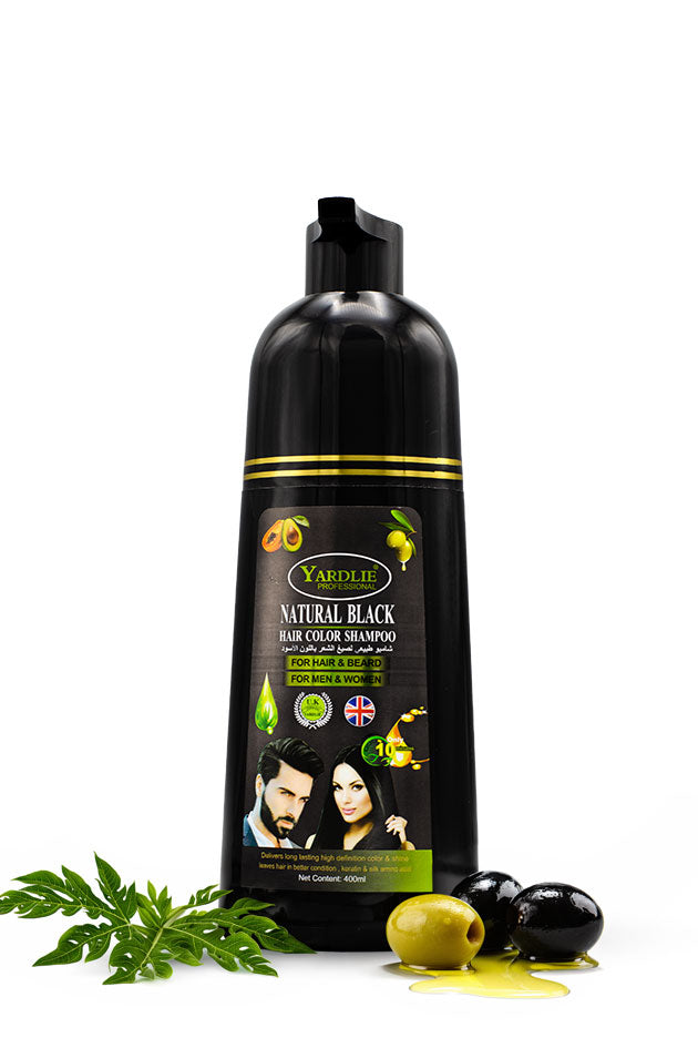 Yardlie Natural Black Hair Color Shampoo 400ml for hair and beard men and women, 
Black shampoo bottle with label on a white background