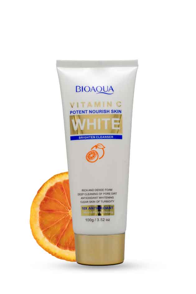Bioaqua Vitamin C Brightening Cleanser 100g tube with orange slice – deep cleansing and glowing skin face wash. Bioaqua Vitamin C skincare product with an orange slice on a white background