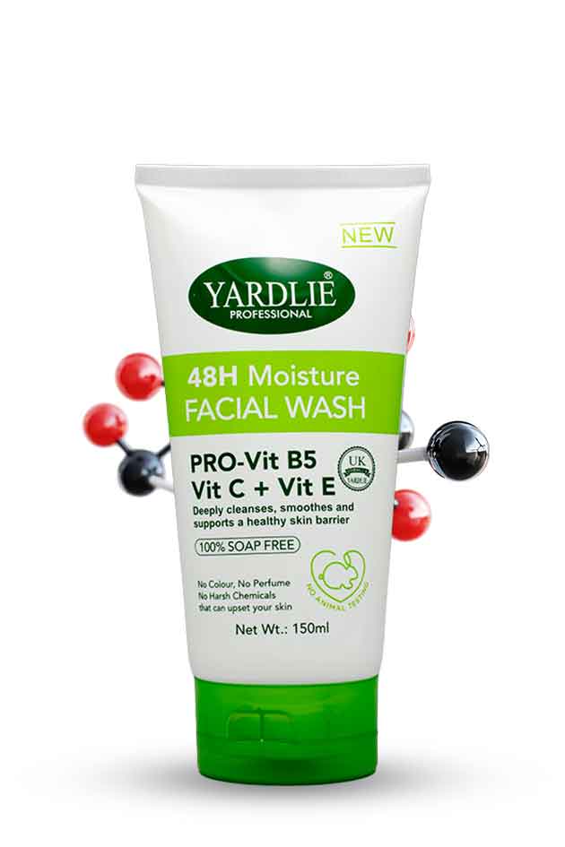 Yardlie 48H Moisture Facial Wash Pro Vit B5 Vitamin C E 150ml, Yardlie 48H Moisture Facial Wash tube on a white background