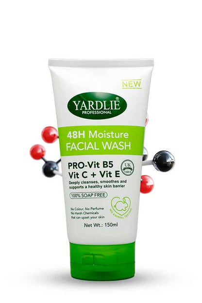 Yardlie 48H Moisture Facial Wash Pro Vit B5 Vitamin C E 150ml, Yardlie 48H Moisture Facial Wash tube on a white background