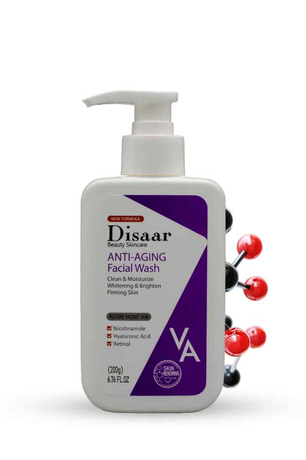 Disaar Anti-Aging Facial Wash – Retinol & Niacinamide for Firm Youthful Skin.  Disaar Anti-Aging Facial Wash bottle with molecular structure graphic on a white background