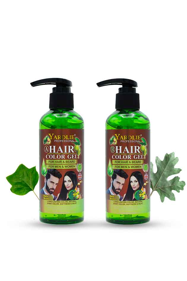 Two bottles of Yarolie Hair Color Gel with green leaves on a white background