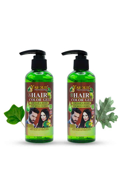 Two bottles of Yarolie Hair Color Gel with green leaves on a white background