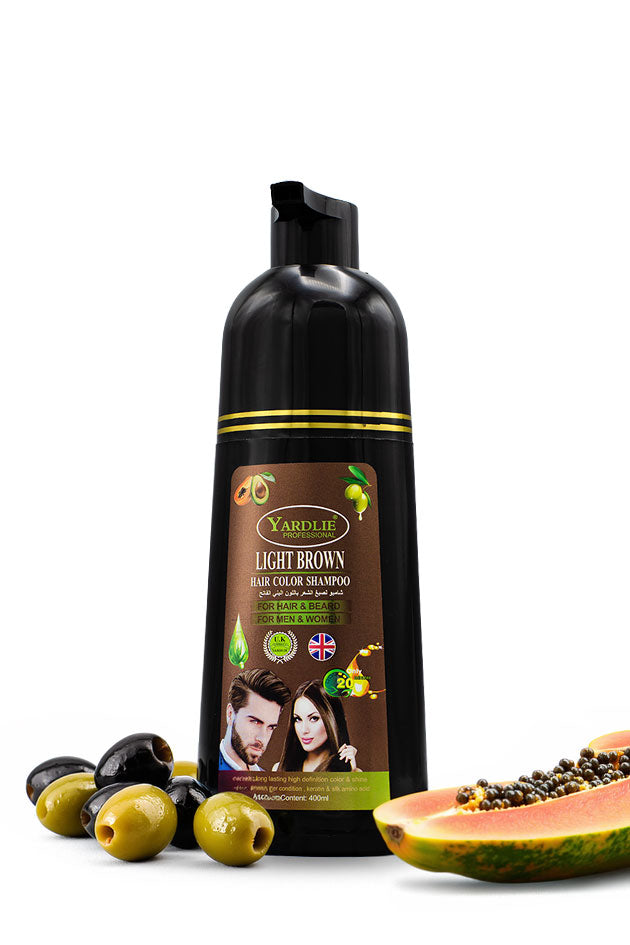 Yardlie Light Brown Hair Color Shampoo 400ml for hair and beard men and women, 
Black shampoo bottle with a label featuring a man and woman, surrounded by olives and a papaya on a white background.