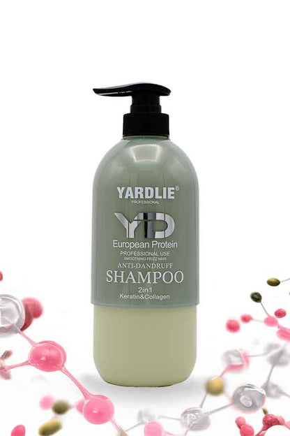Yardlie Keratin & Collagen Smoothing Anti-Frizz Shampoo bottle on clean white background. Yardlie shampoo bottle with molecular models on a white background
