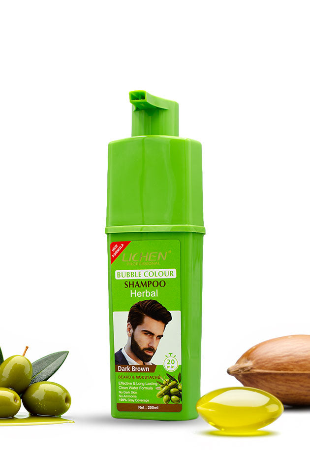 Lichen Bubble Colour Shampoo Dark Brown beard and moustache hair colour 200ml herbal box,
Green shampoo bottle with herbal design on a white background