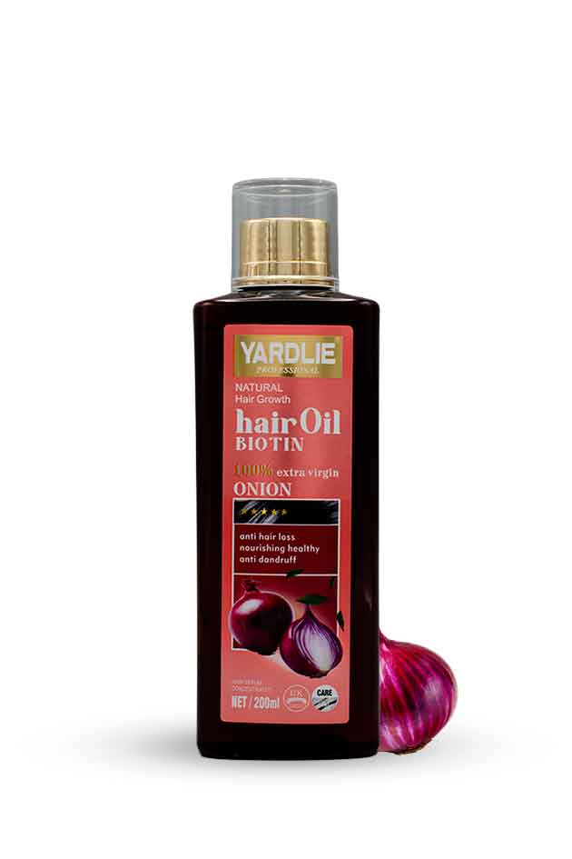 Yardlie Biotin and Onion Hair Growth Oil 200ml nourishing scalp treatment, Yardley hair oil bottle with a red label featuring an onion on a white background