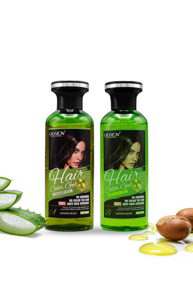 Lichen Argan Oil Natural Black Hair Color Gel 250ml twin pack ammonia free hair dye for men and women Pakistan,Two green bottles of hair color gel with aloe vera slices and argan oil on a white background