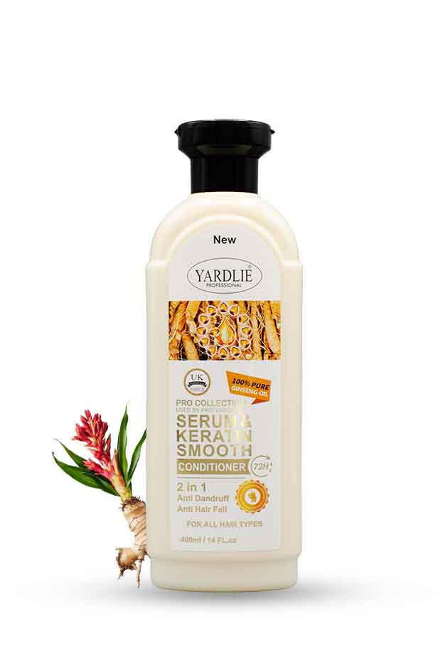 Yardlie Professional Serum & Keratin Conditioner 400ml bottle – 2-in-1 anti-dandruff hair conditioner. Yardley Serum Keratin Smooth Conditioner bottle on a white background