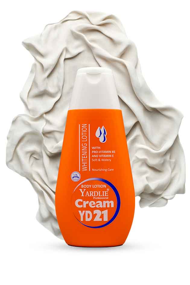 Yardlie Professional YD21 Moisturizing Body Lotion bottle – enriched with Pro-Vitamin B5 and Vitamin E. Orange bottle of Yardlie Cream YD21 on a white background