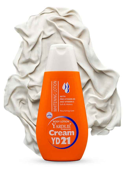 Yardlie Professional YD21 Moisturizing Body Lotion bottle – enriched with Pro-Vitamin B5 and Vitamin E. Orange bottle of Yardlie Cream YD21 on a white background