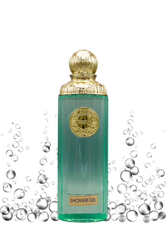 Yardlie Moist & Shiny Shower Gel 600ml Body Wash, Green shower gel bottle with gold cap surrounded by bubbles on a white background