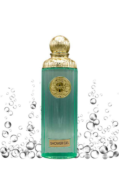 Yardlie Moist & Shiny Shower Gel 600ml Body Wash, Green shower gel bottle with gold cap surrounded by bubbles on a white background