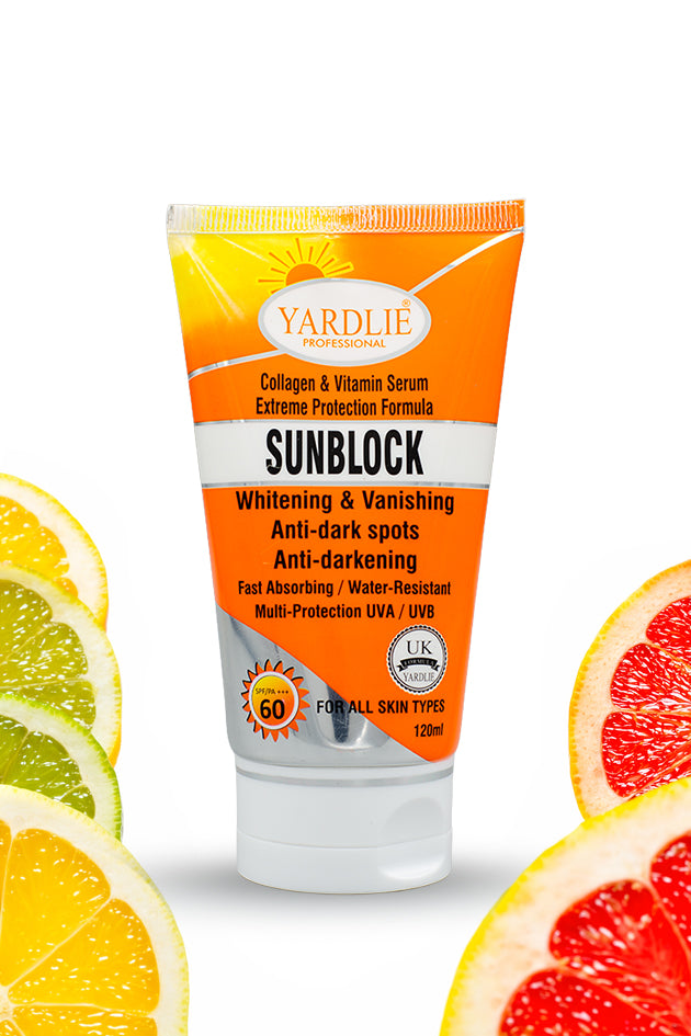 Yardlie Sunblock SPF 60 120ml fast absorbing UVA UVB protection for all skin types, Tube of Yardlie sunblock with citrus fruits on a white background