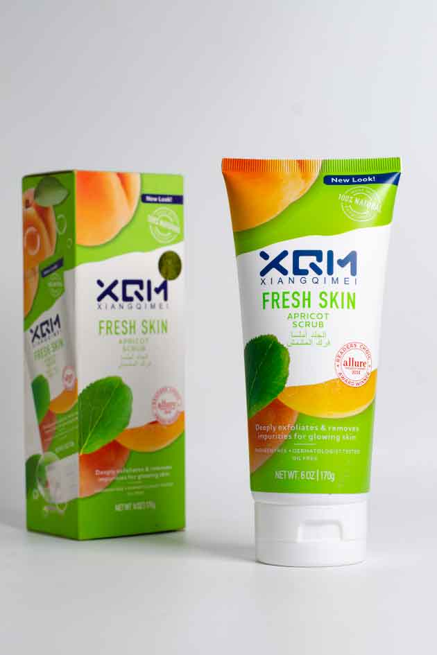XQM Fresh Skin Apricot Scrub – Deep Exfoliating & Glowing Skin Formula (Last Piece). Xianqi Mei Fresh Skin apricot scrub packaging and tube on a white background
