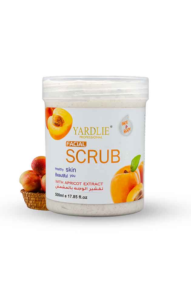 Yardlie Facial Apricot Scrub Face and Body Exfoliator 500ml with Apricot Extract, Yardley Facial Scrub container with apricot illustration on a white background
