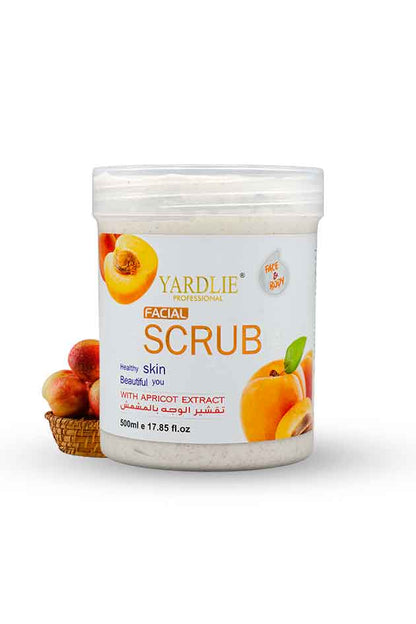 Yardlie Facial Apricot Scrub Face and Body Exfoliator 500ml with Apricot Extract, Yardley Facial Scrub container with apricot illustration on a white background