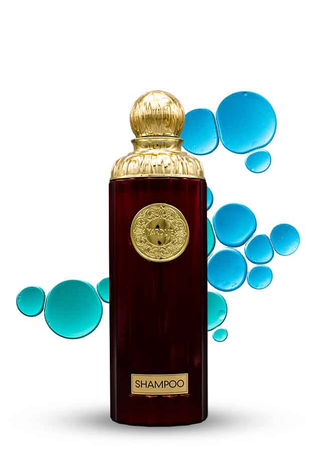 Yardlie Protein Botox Keratin Collagen Anti Hair Loss Shampoo 600ml, Shampoo bottle with gold cap and label on a white background with blue bubbles