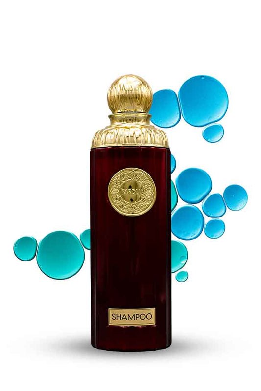 Yardlie Protein Botox Keratin Collagen Anti Hair Loss Shampoo 600ml, Shampoo bottle with gold cap and label on a white background with blue bubbles